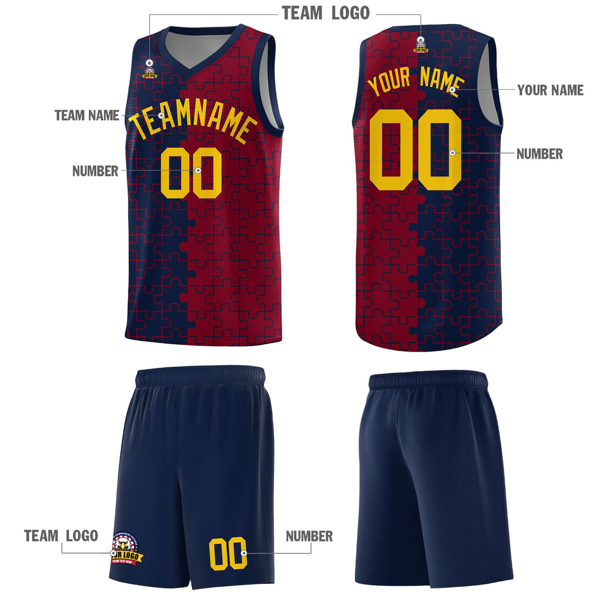 Custom Youth Basketball Jersey Navy Crimson Puzzle Pattern Personalized Team Uniform