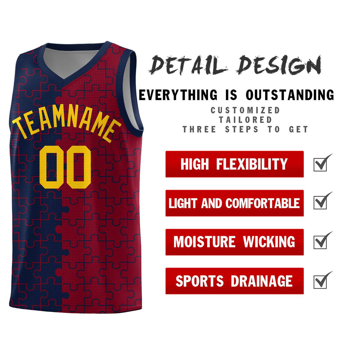 Custom Youth Basketball Jersey Navy Crimson Puzzle Pattern Personalized Team Uniform