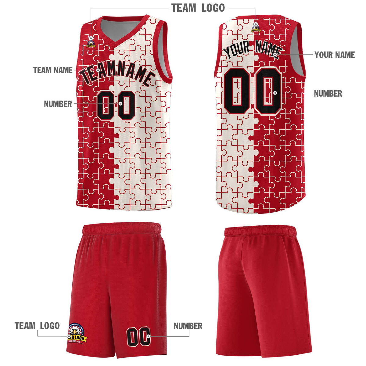 Custom Youth Basketball Jersey Red Cream Puzzle Pattern Moisture-Wicking Team Uniform