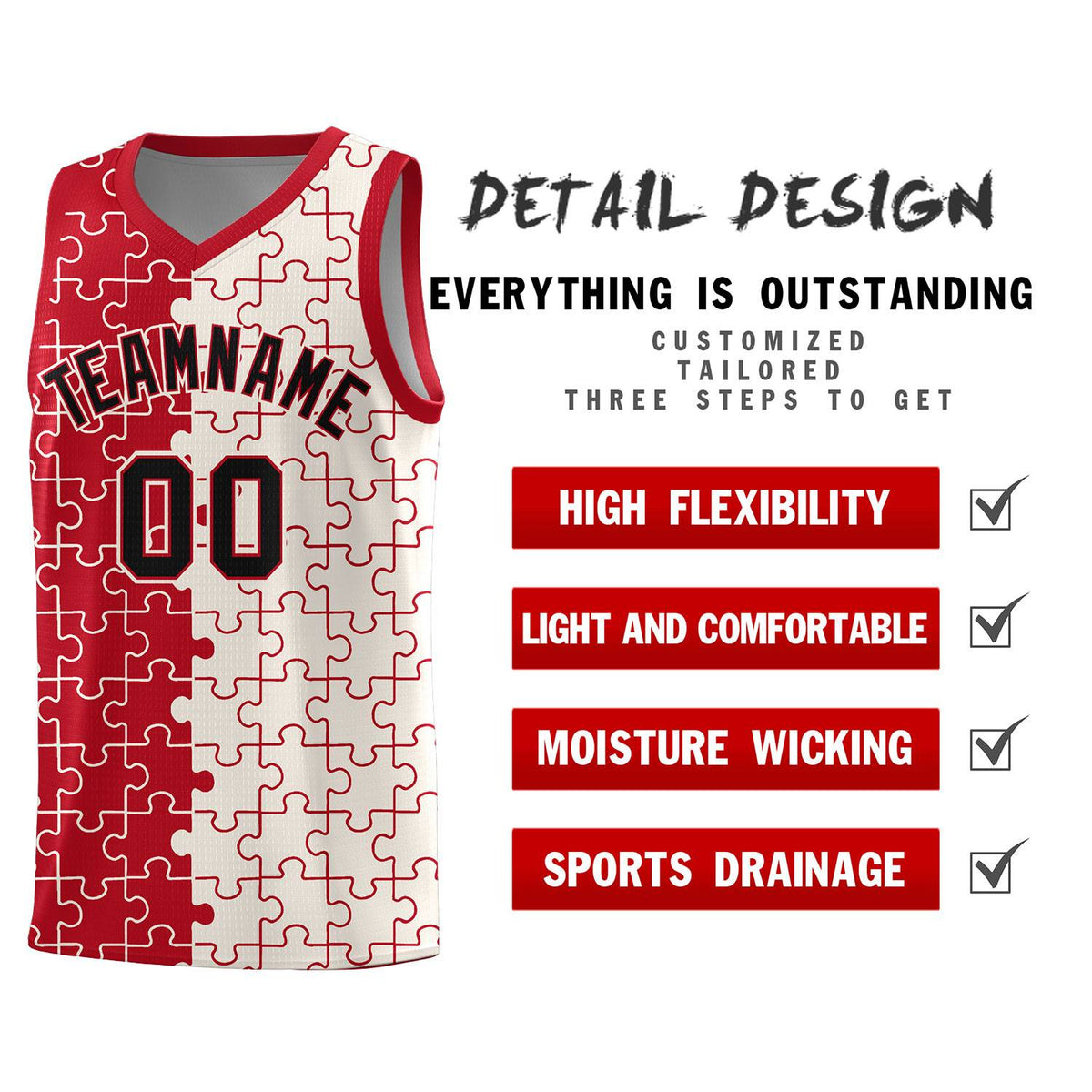 Custom Youth Basketball Jersey Red Cream Puzzle Pattern Moisture-Wicking Team Uniform