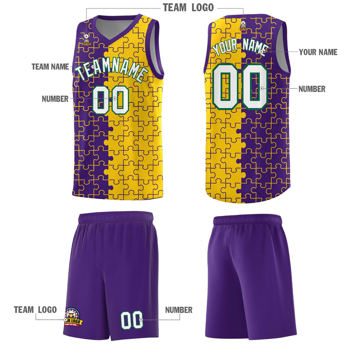 Custom Youth Basketball Jersey Purple Gold Puzzle Pattern Personalized Team Uniform