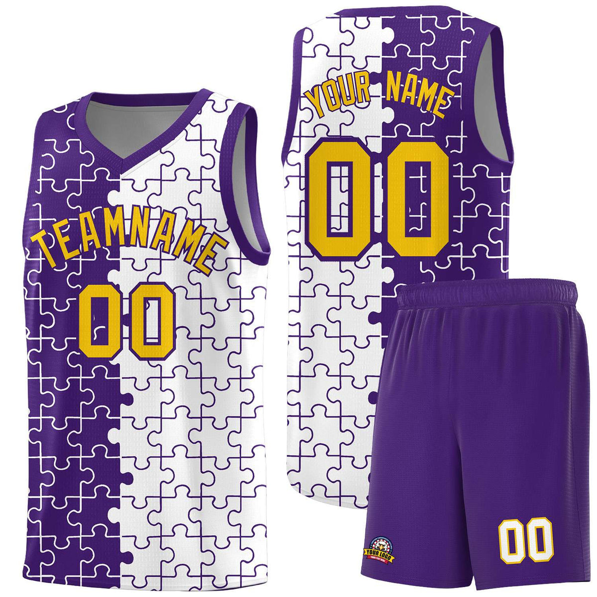 Custom Youth Basketball Jersey Purple White Puzzle Pattern Add Name, Number &amp; Team Logo