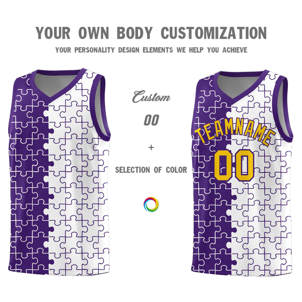 Custom Youth Basketball Jersey Purple White Puzzle Pattern Add Name, Number &amp; Team Logo