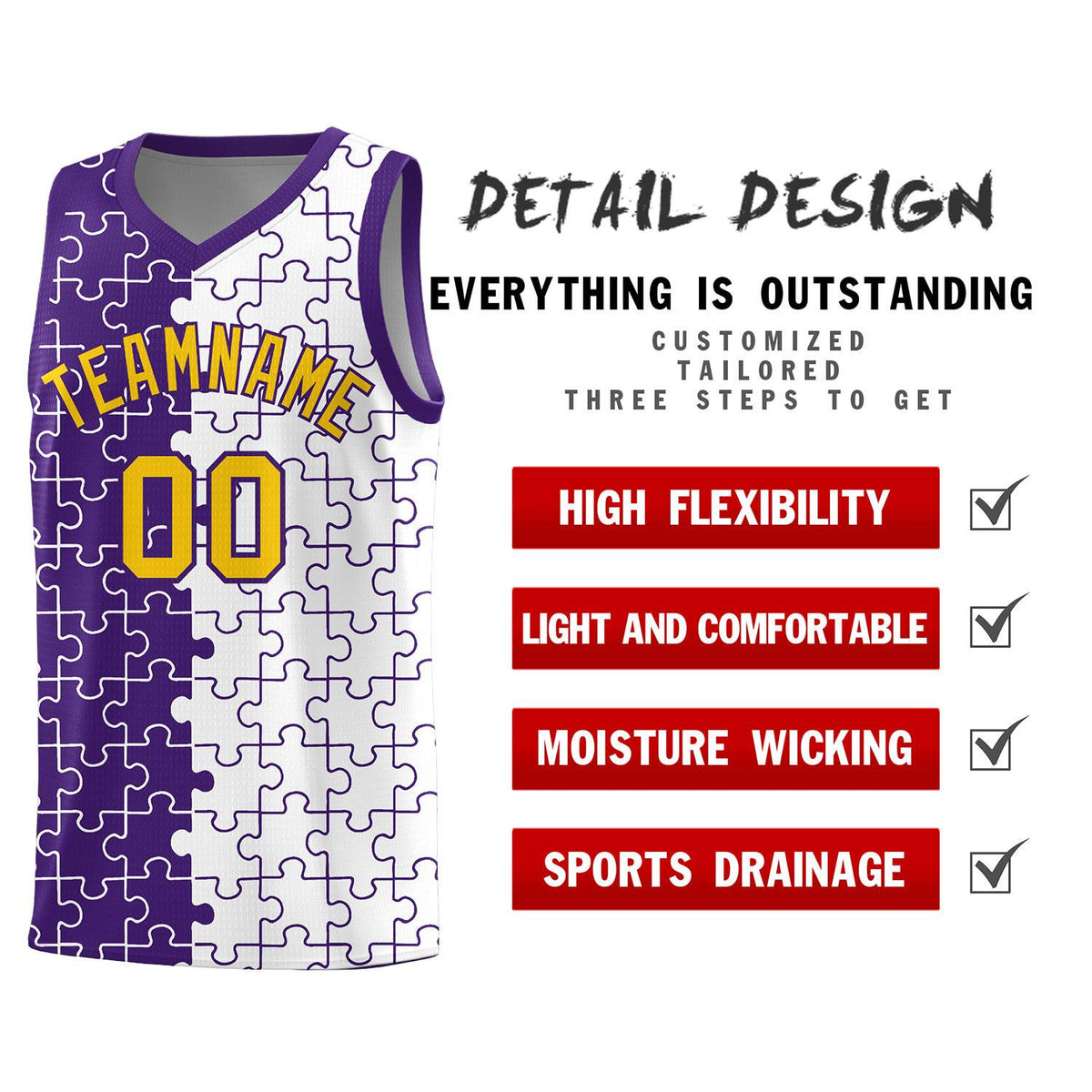 Custom Youth Basketball Jersey Purple White Puzzle Pattern Add Name, Number &amp; Team Logo