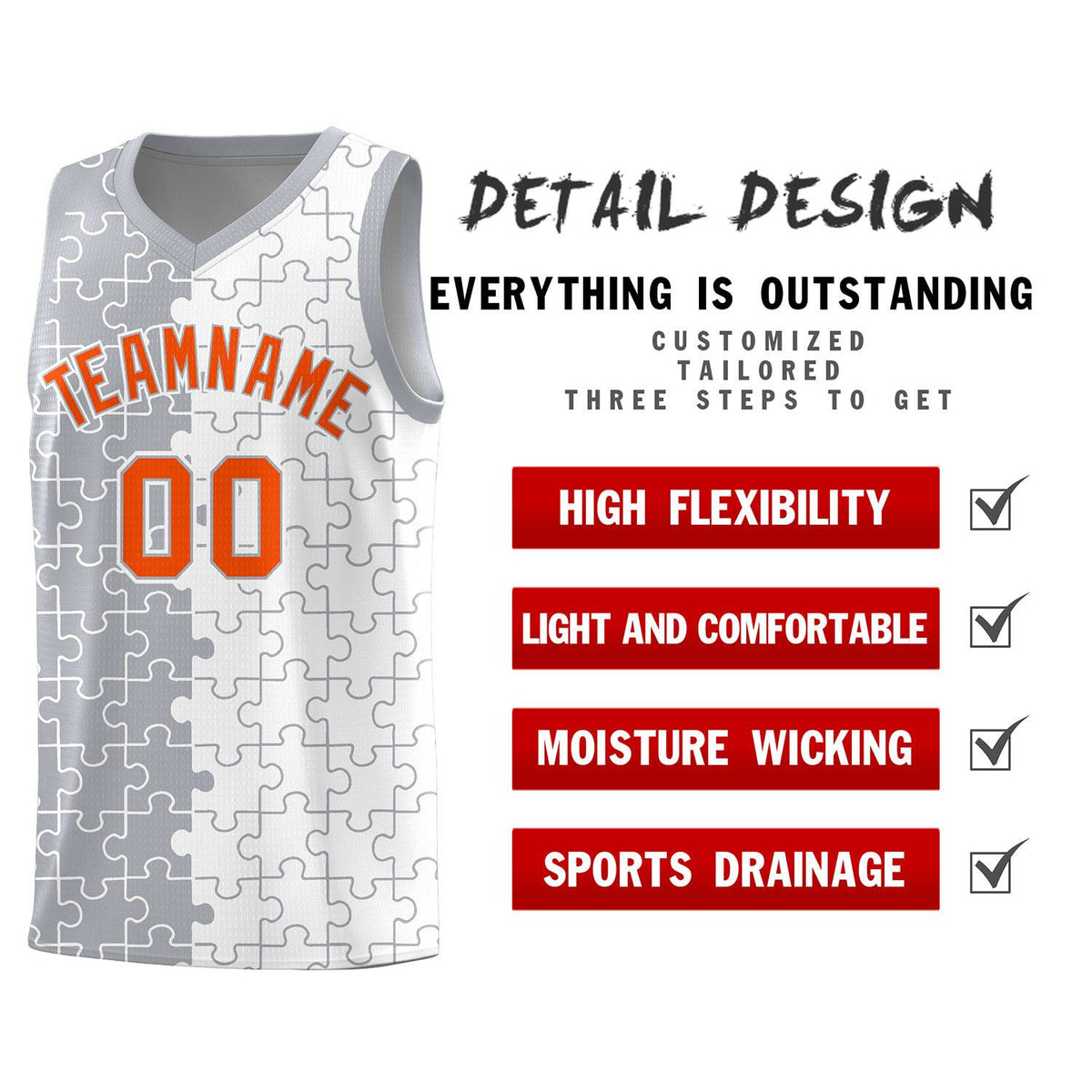 Custom Youth Basketball Jersey Gray White Puzzle Pattern Breathable Team Uniform