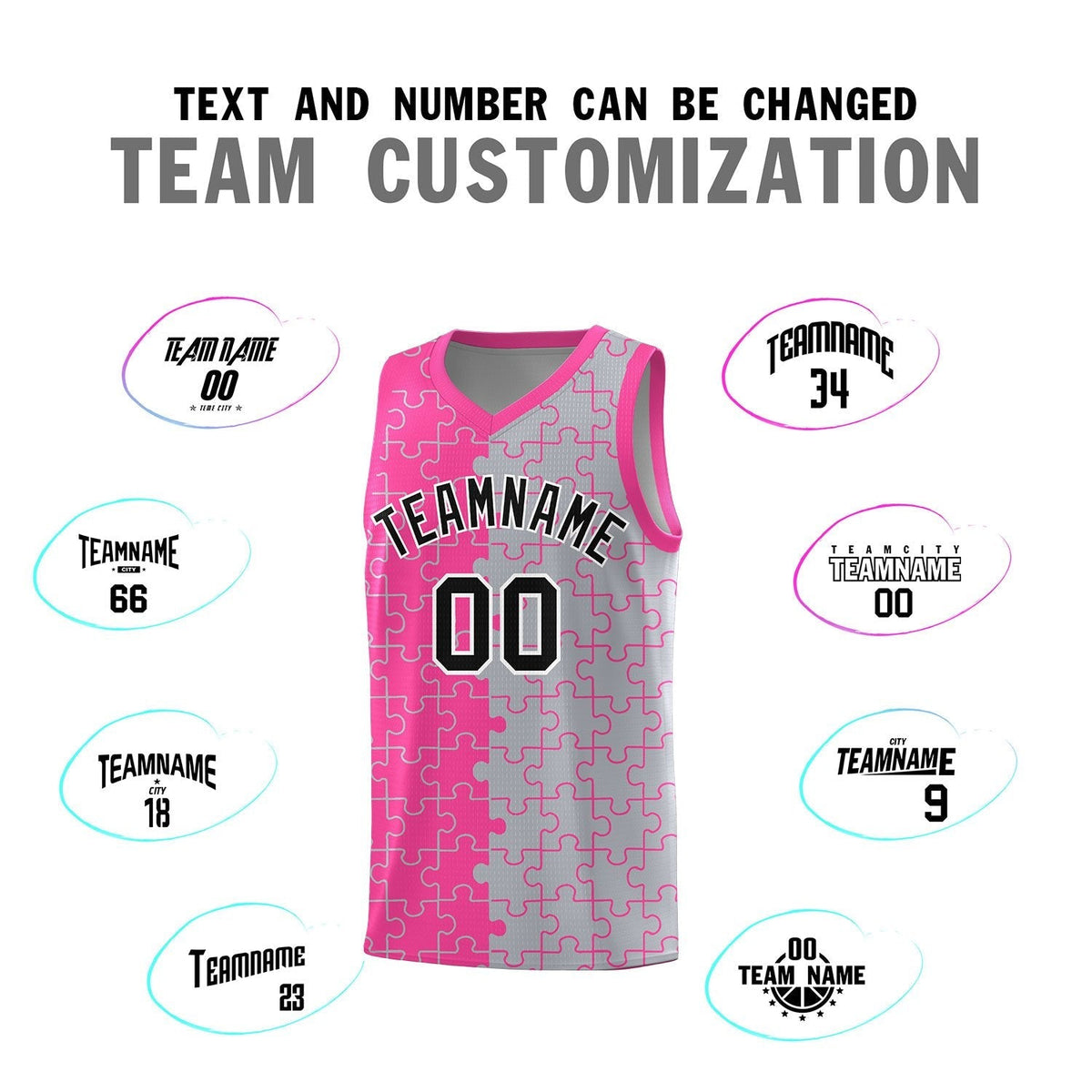 Custom Youth Basketball Jersey Pink Gray Puzzle Pattern Personalized Team Uniform