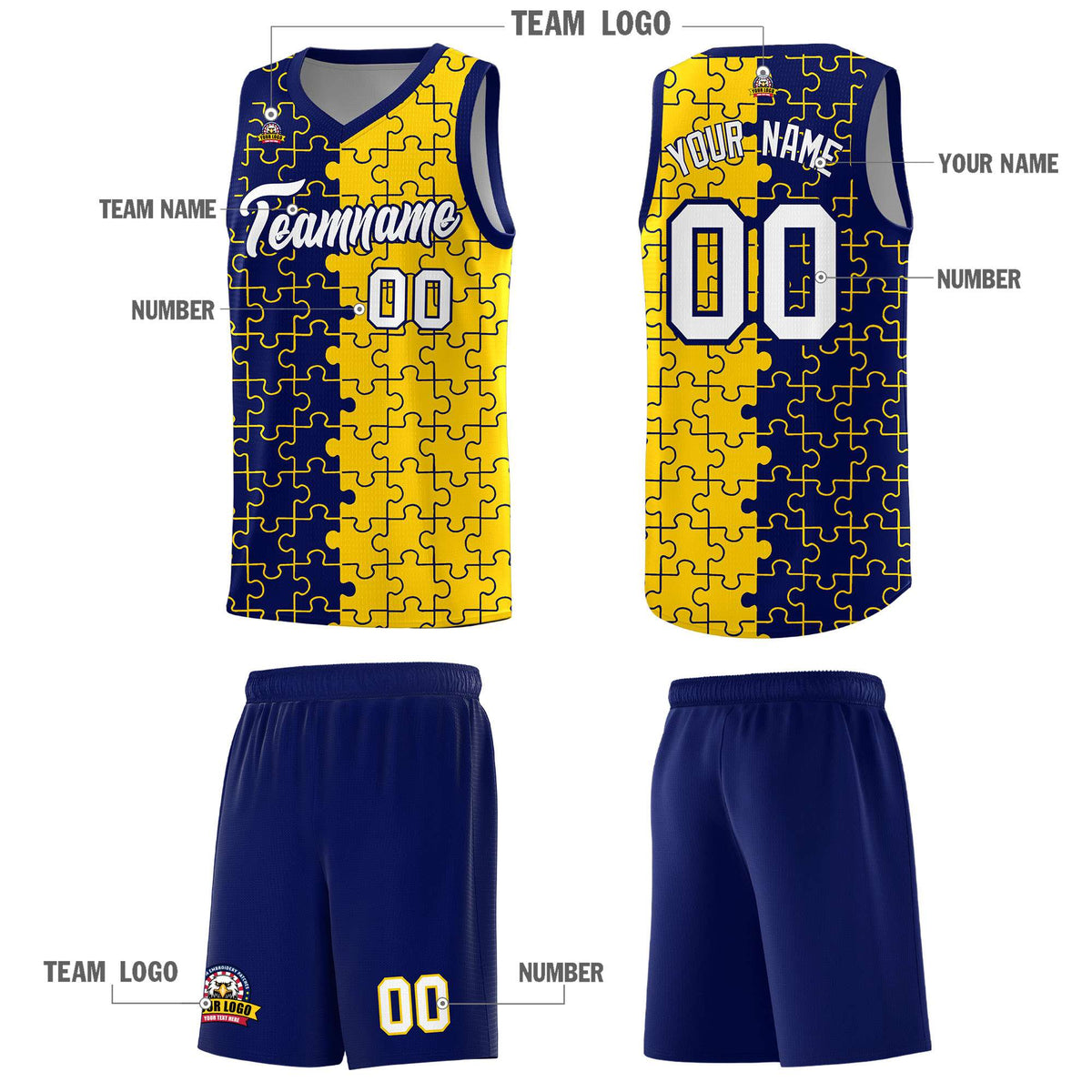 Custom Youth Basketball Jersey Navy Gold Puzzle Pattern Personalized Team Uniform