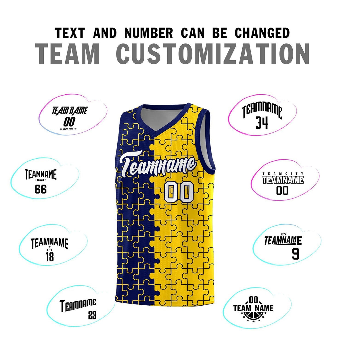 Custom Youth Basketball Jersey Navy Gold Puzzle Pattern Personalized Team Uniform
