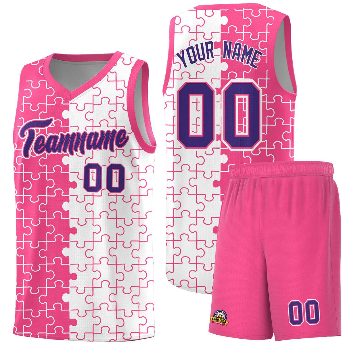 Custom Youth Basketball Jersey Pink White Puzzle Pattern Moisture-Wicking Team Uniform