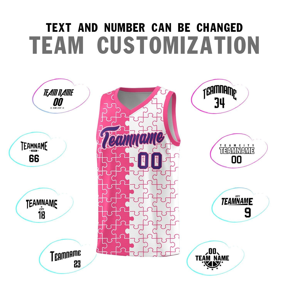 Custom Youth Basketball Jersey Pink White Puzzle Pattern Moisture-Wicking Team Uniform
