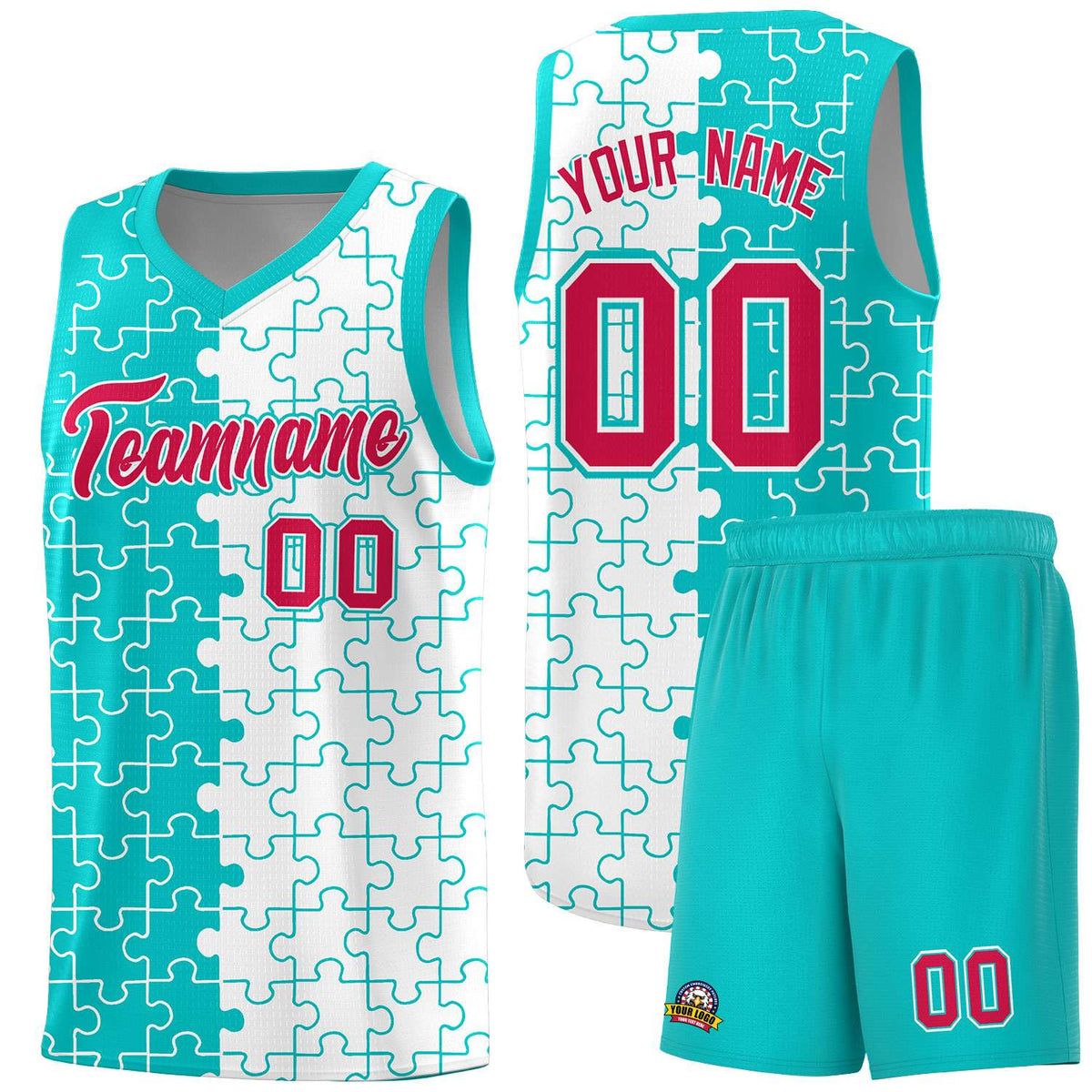 Custom Youth Basketball Jersey Aqua White Puzzle Pattern Personalized Team Uniform