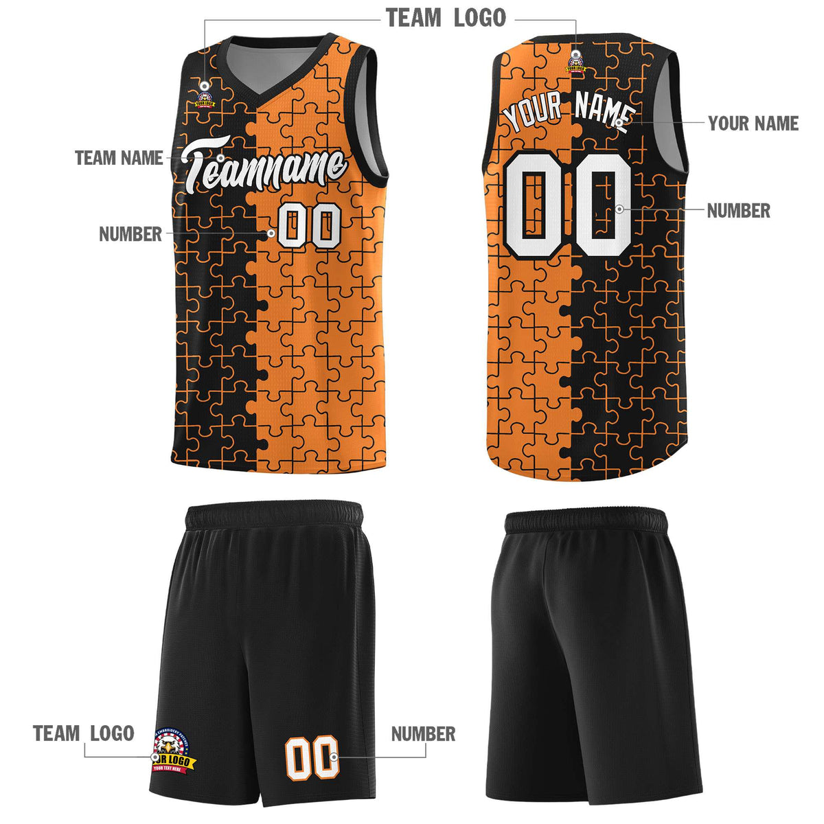 Custom Youth Basketball Jersey Black Gold Orange Puzzle Pattern Add Name, Number &amp; Team Logo