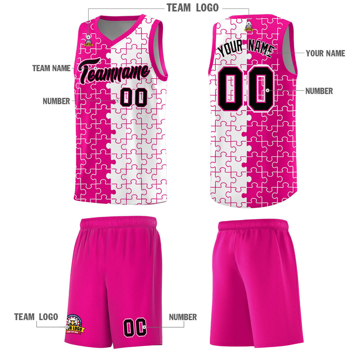 Custom Youth Basketball Jersey Pink White Puzzle Pattern Personalized Team Uniform