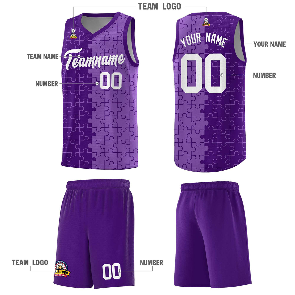 Custom Youth Basketball Jersey Purple Light Purple Puzzle Pattern Add Name, Number &amp; Team Logo