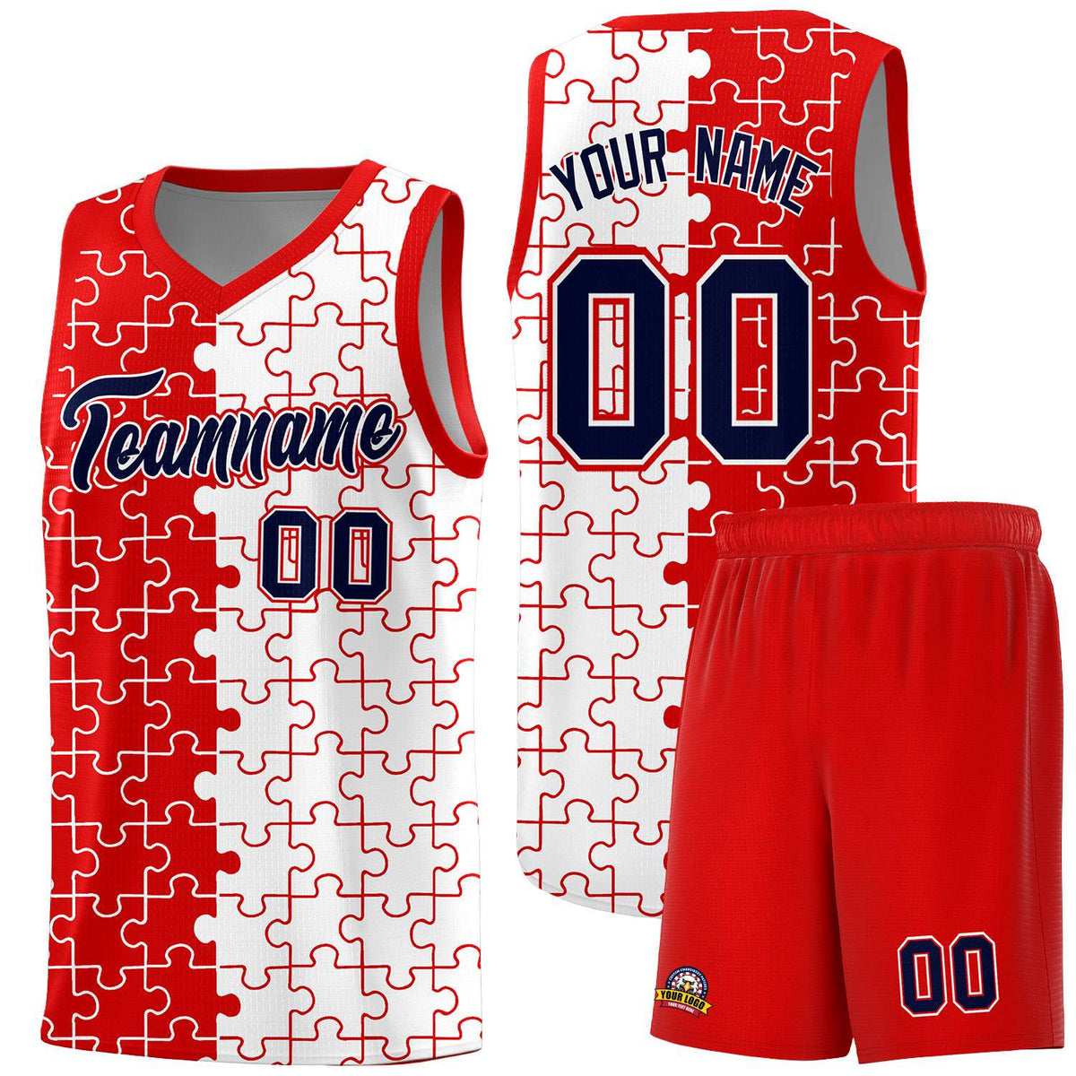 Custom Youth Basketball Jersey Red White Puzzle Pattern Add Name, Number &amp; Team Logo