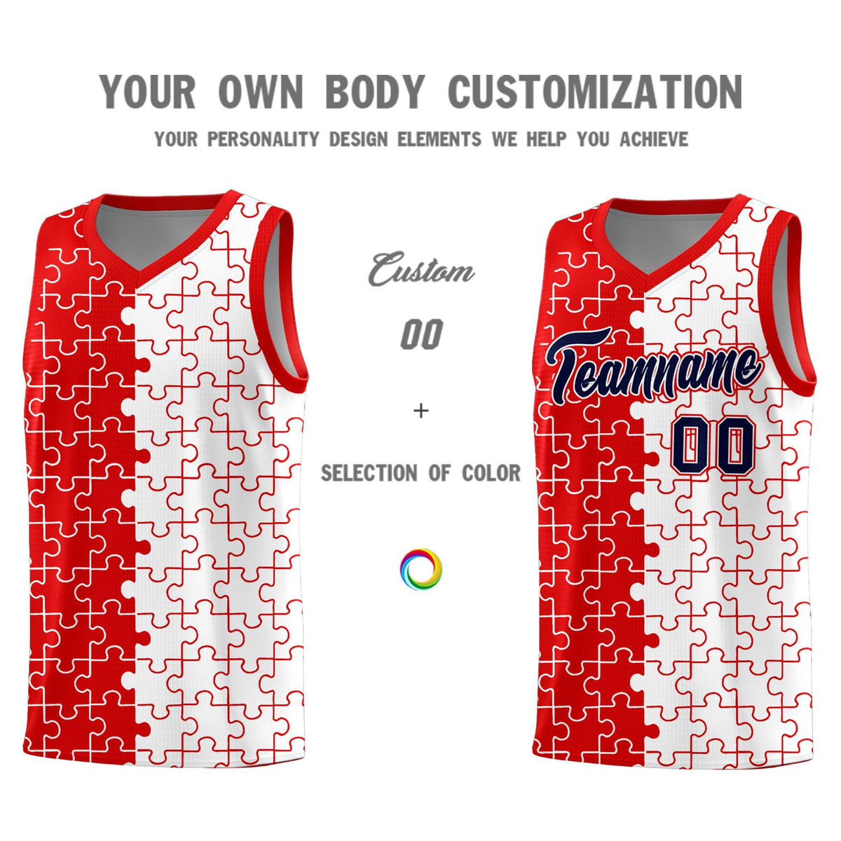 Custom Youth Basketball Jersey Red White Puzzle Pattern Add Name, Number &amp; Team Logo