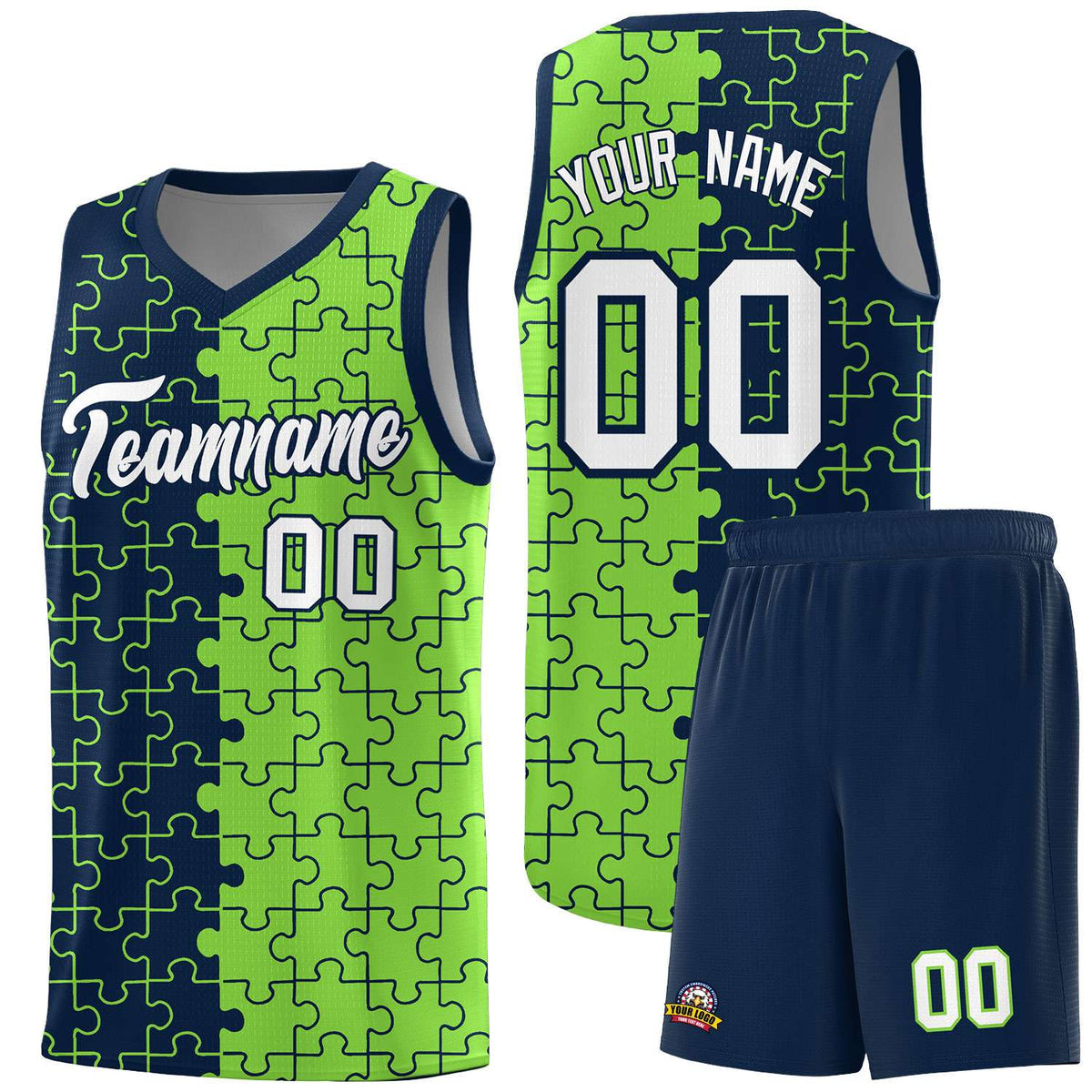 Custom Youth Basketball Jersey Navy Fluorescent Green Puzzle Pattern Moisture-Wicking Team Uniform