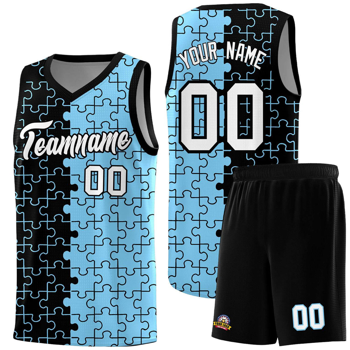 Custom Youth Basketball Jersey Black Light Blue Puzzle Pattern Add Name, Number &amp; Team Logo