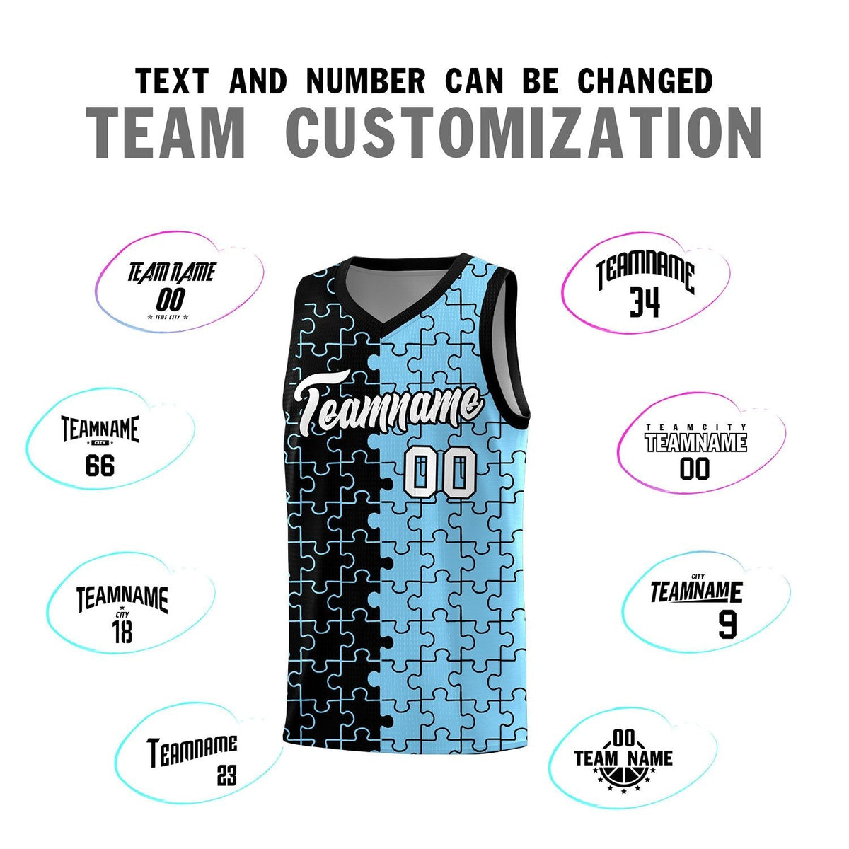 Custom Youth Basketball Jersey Black Light Blue Puzzle Pattern Add Name, Number &amp; Team Logo