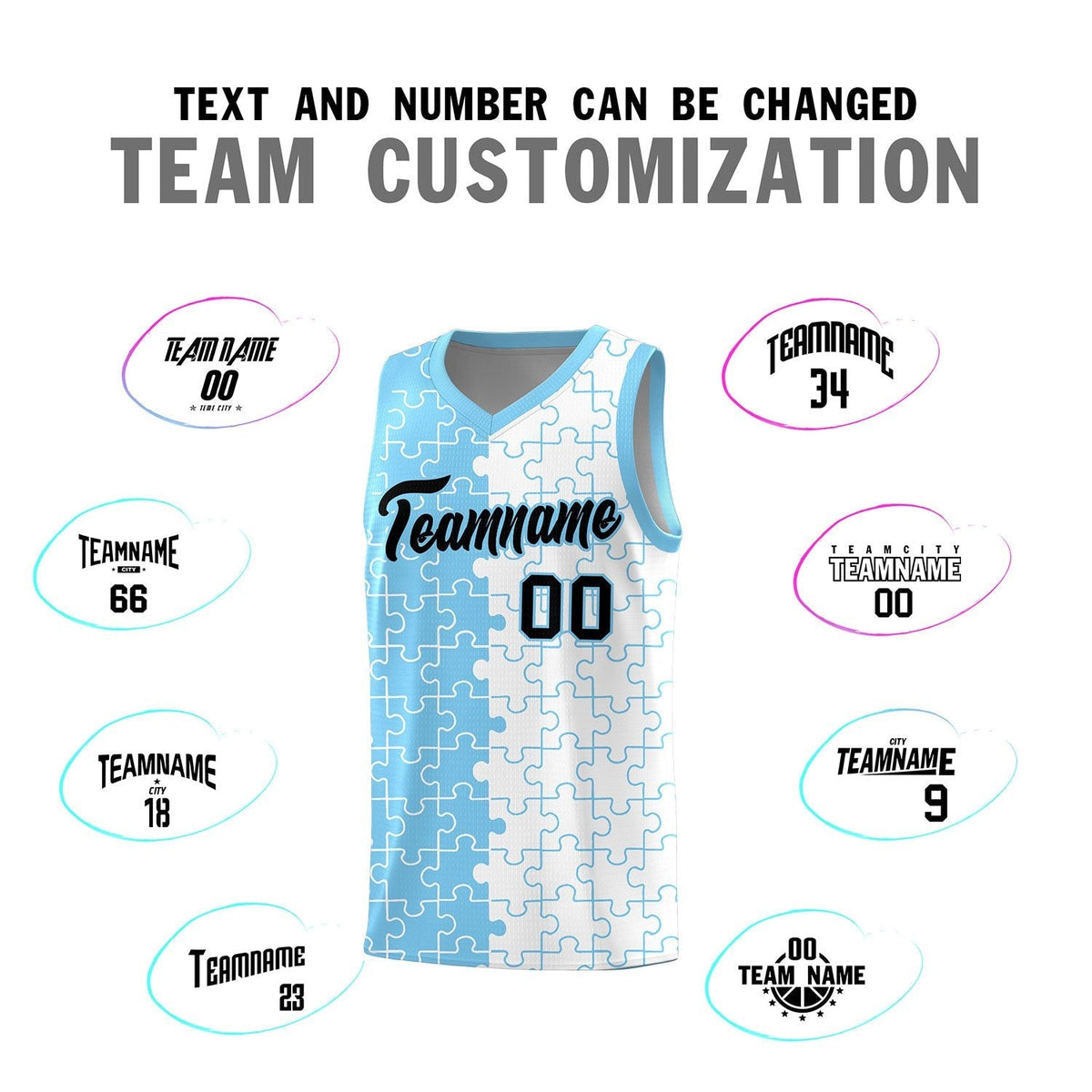 Custom Youth Basketball Jersey Light Blue White Puzzle Pattern Breathable Team Uniform
