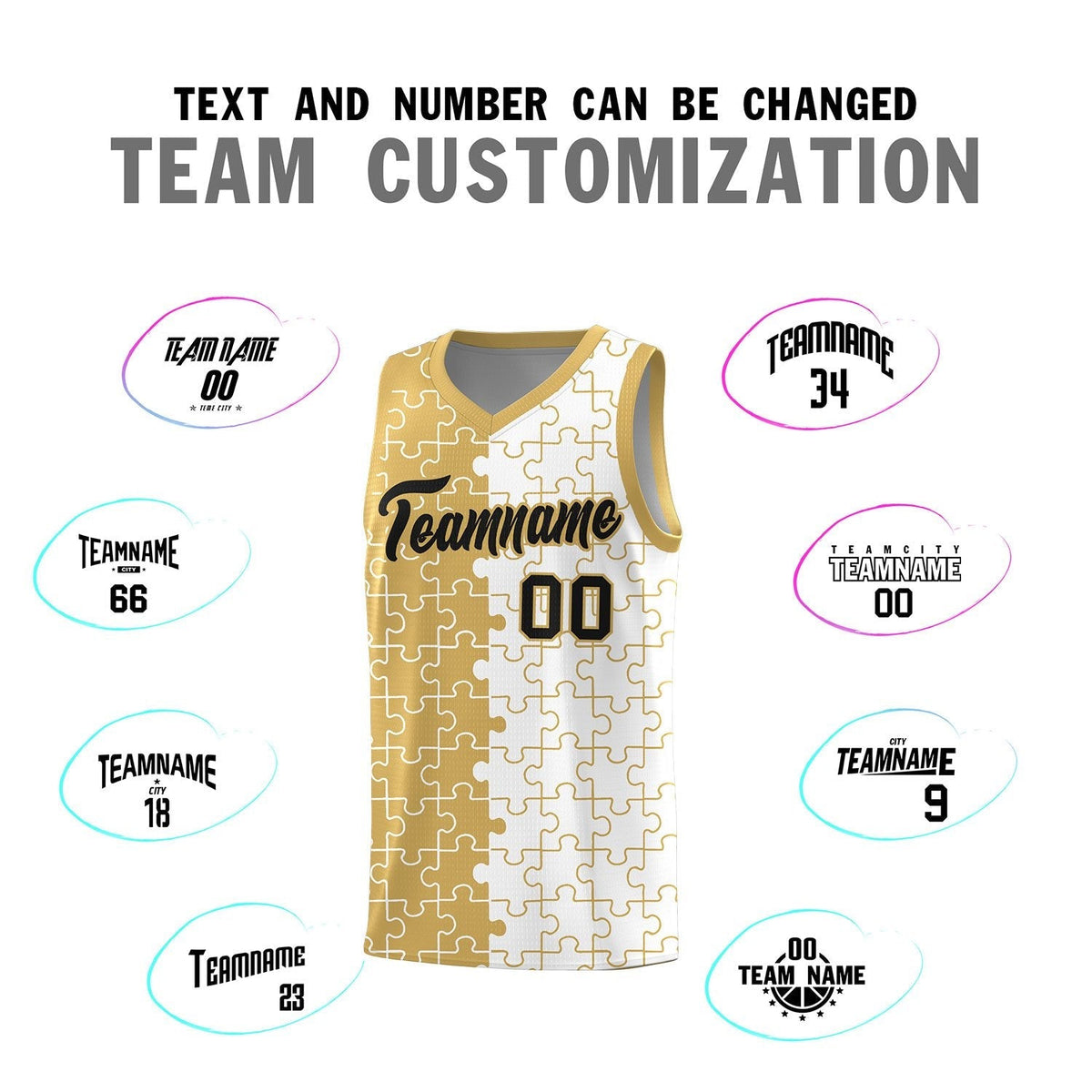 Custom Youth Basketball Jersey Old Gold White Puzzle Pattern Personalized Team Uniform