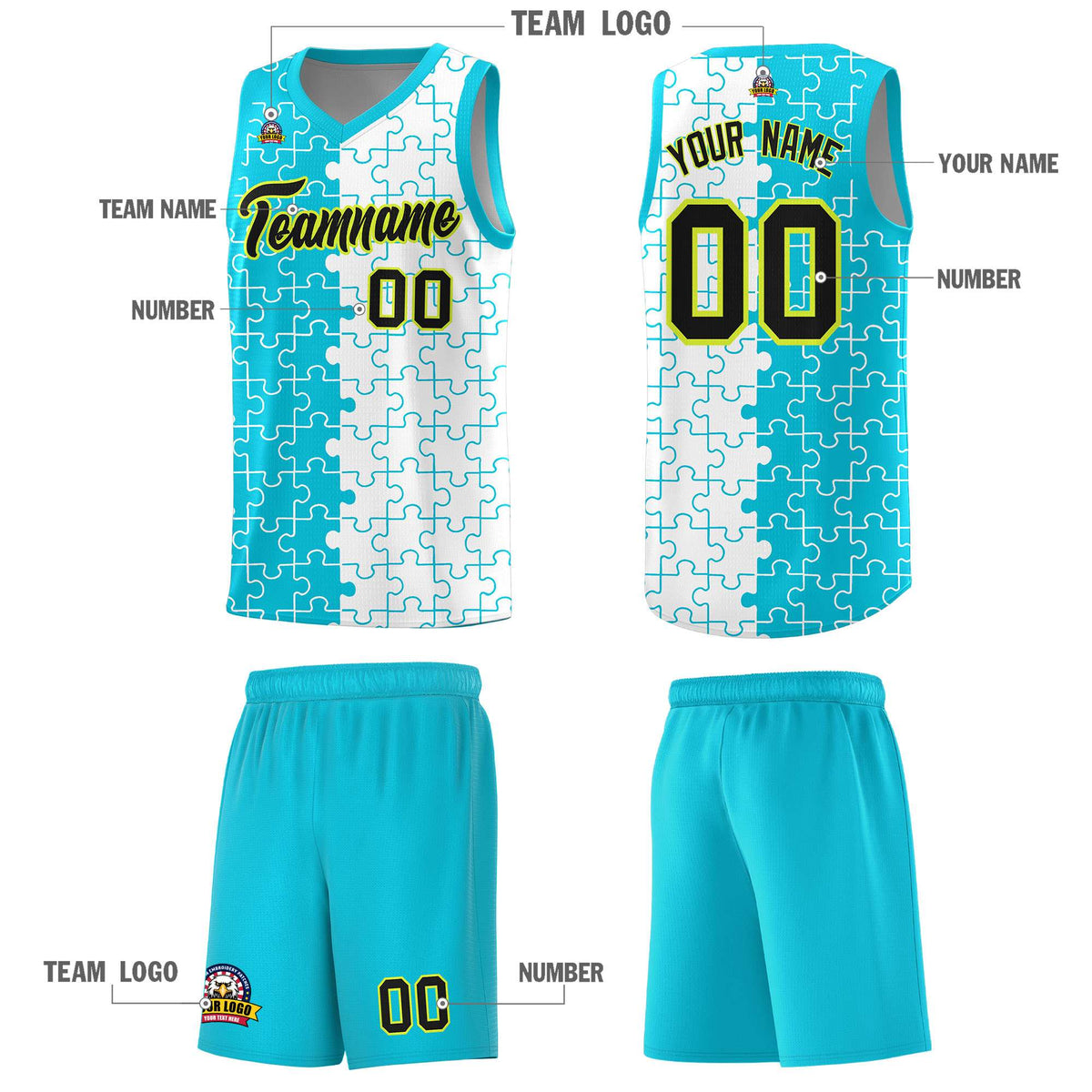 Custom Youth Basketball Jersey Sky Blue White Puzzle Pattern Breathable Team Uniform
