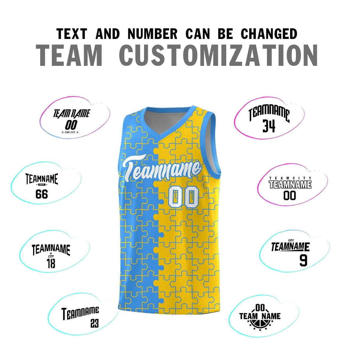 Custom Youth Basketball Jersey Light Blue Gold Puzzle Pattern Moisture-Wicking Team Uniform