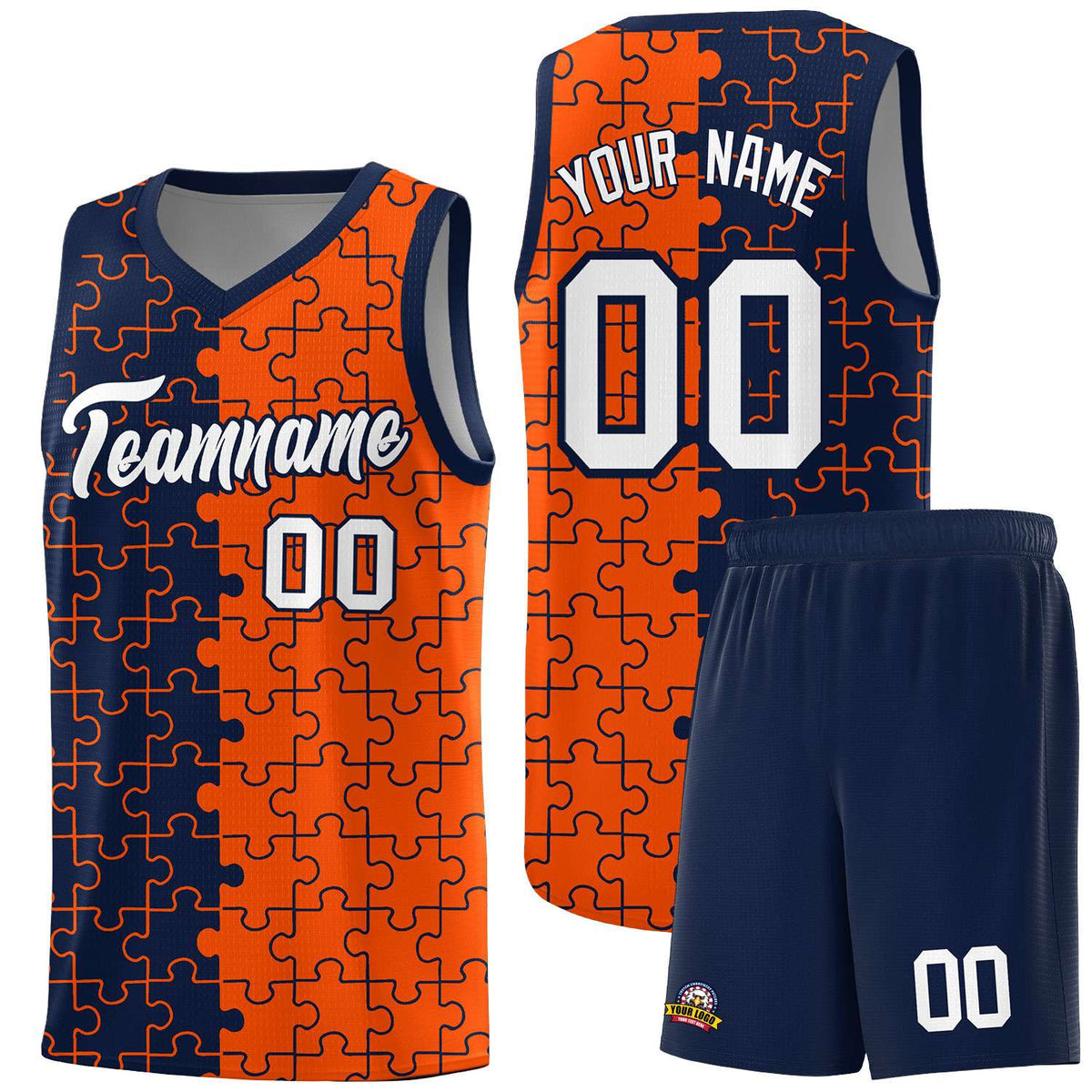 Custom Youth Basketball Jersey Navy Orange Puzzle Pattern Add Name, Number & Team Logo