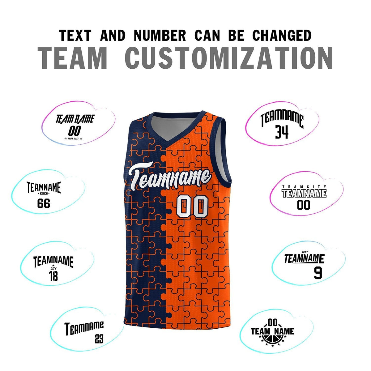 Custom Youth Basketball Jersey Navy Orange Puzzle Pattern Add Name, Number & Team Logo