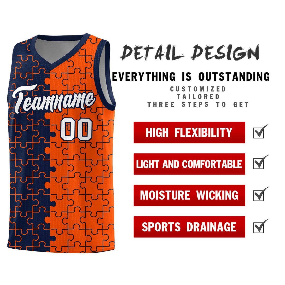 Custom Youth Basketball Jersey Navy Orange Puzzle Pattern Add Name, Number & Team Logo