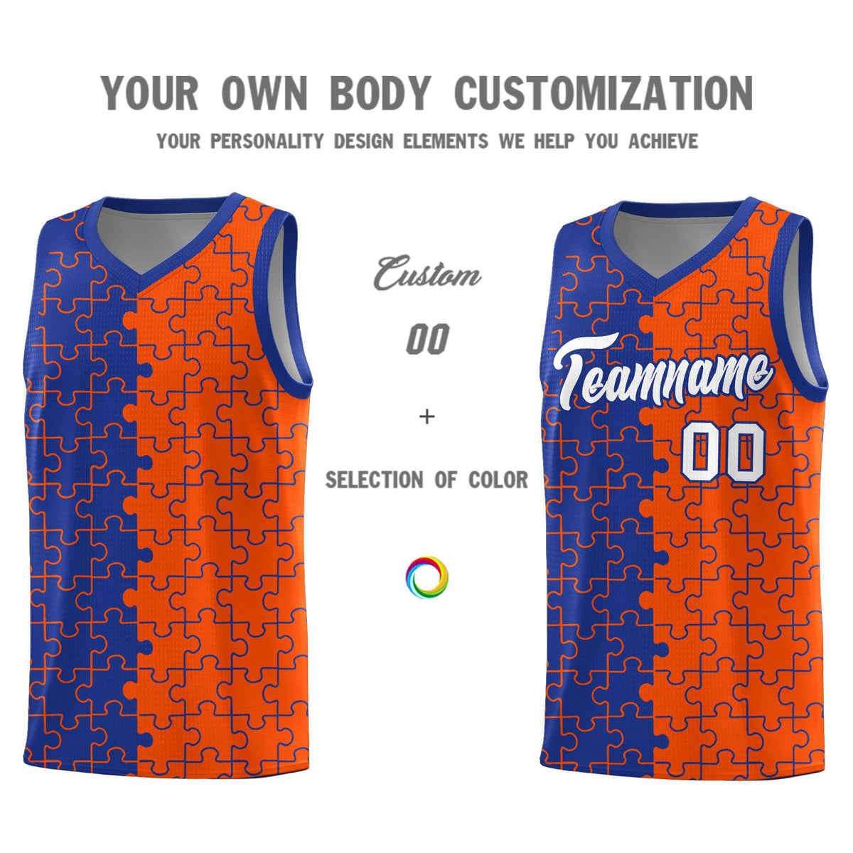 Custom Youth Basketball Jersey Royal Blue Orange Puzzle Pattern Breathable Team Uniform