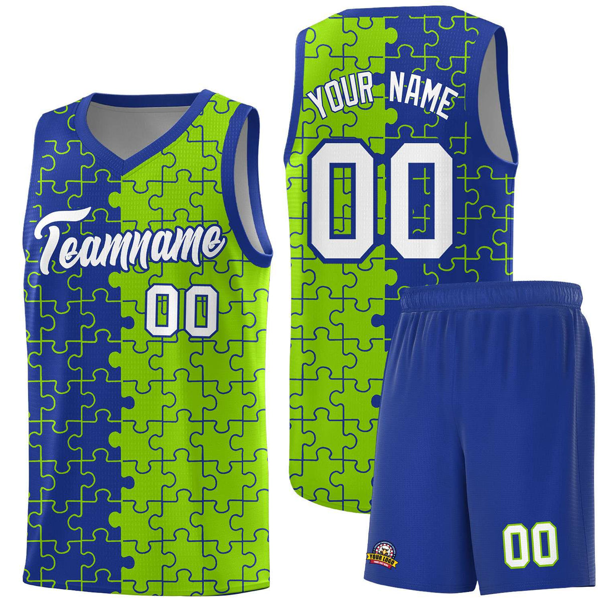 Custom Youth Basketball Jersey Royal Blue Neon Green Puzzle Pattern Moisture-Wicking Team Uniform