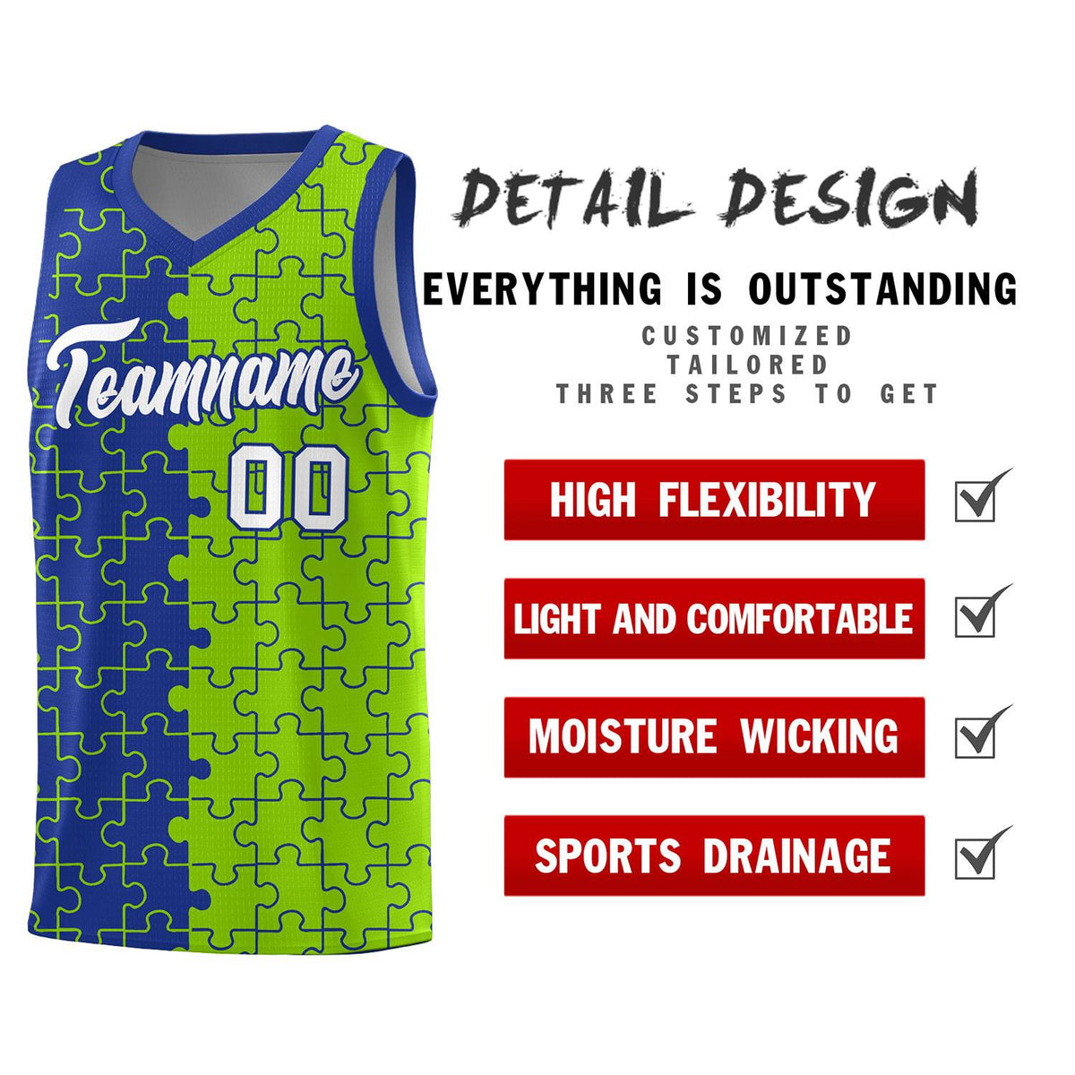 Custom Youth Basketball Jersey Royal Blue Neon Green Puzzle Pattern Moisture-Wicking Team Uniform