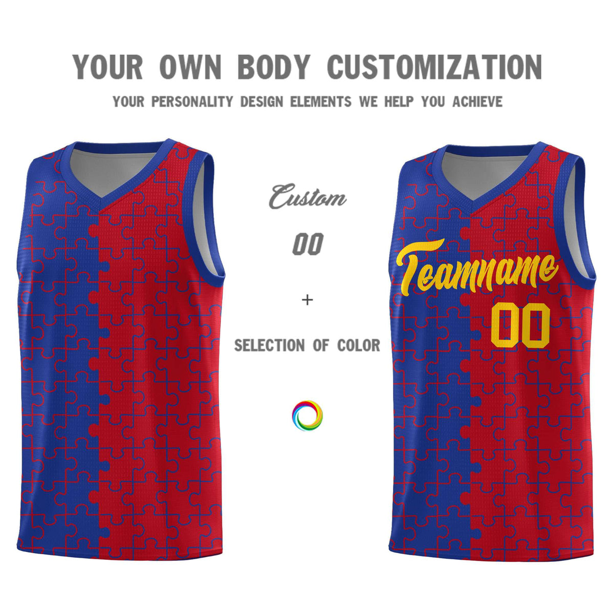 Custom Youth Basketball Jersey Royal Blue Red Puzzle Pattern Personalized Team Uniform