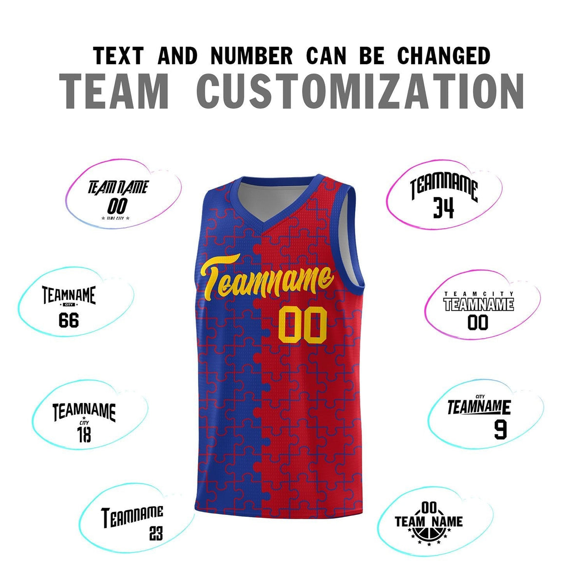 Custom Youth Basketball Jersey Royal Blue Red Puzzle Pattern Personalized Team Uniform