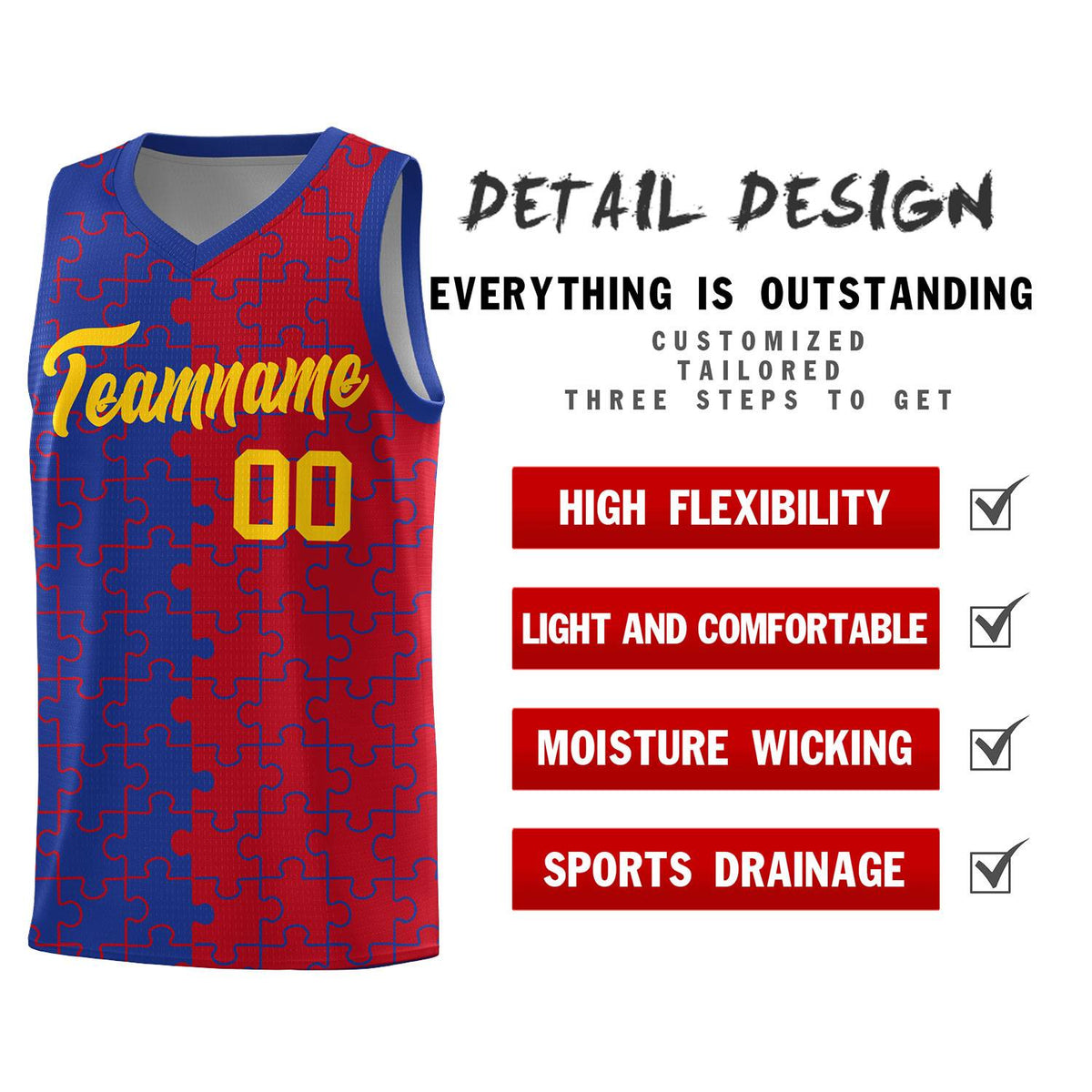 Custom Youth Basketball Jersey Royal Blue Red Puzzle Pattern Personalized Team Uniform