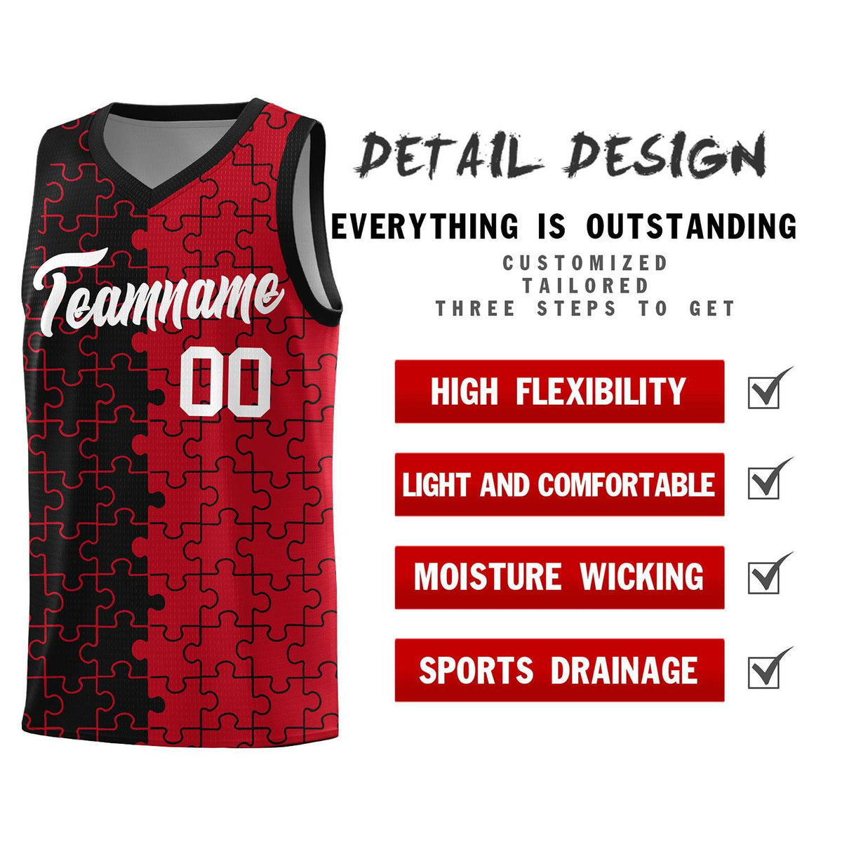 Custom Youth Basketball Jersey Black Red Puzzle Pattern Breathable Team Uniform