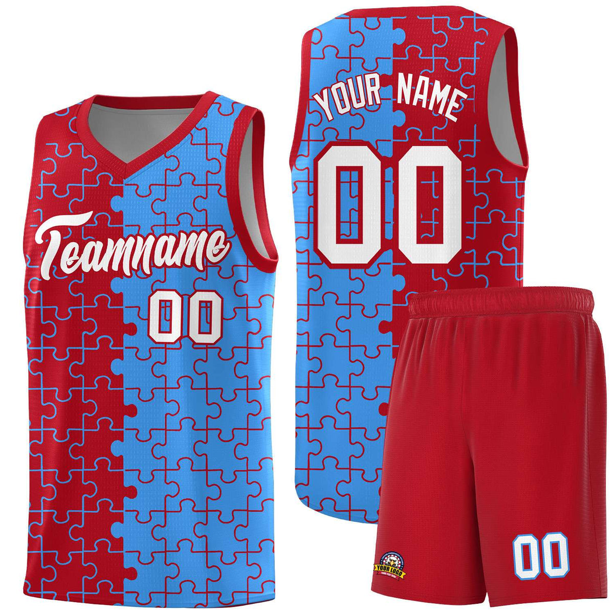 Custom Youth Basketball Jersey Red Light Blue Puzzle Pattern Moisture-Wicking Team Uniform
