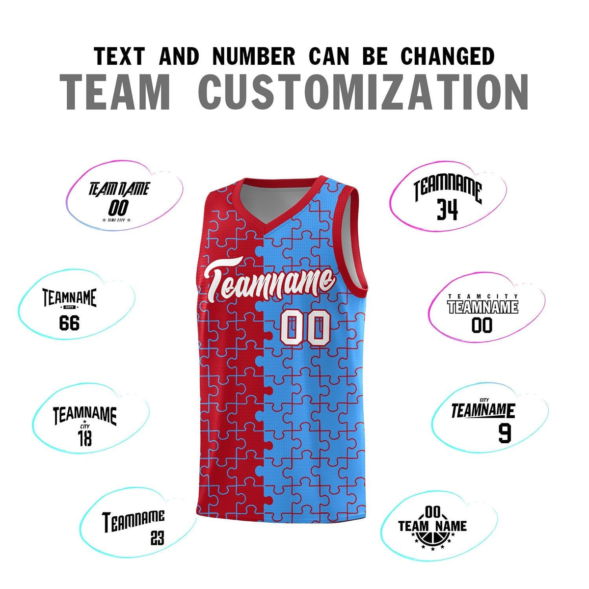 Custom Youth Basketball Jersey Red Light Blue Puzzle Pattern Moisture-Wicking Team Uniform
