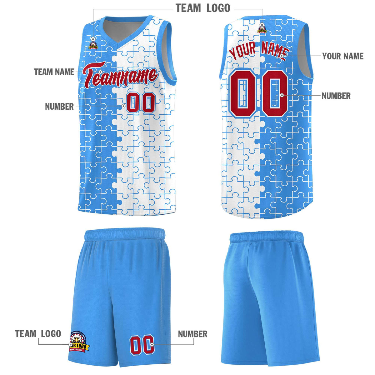 Custom Youth Basketball Jersey Light Blue White Puzzle Pattern Personalized Team Uniform