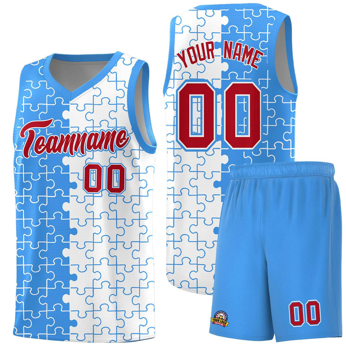 Custom Youth Basketball Jersey Light Blue White Puzzle Pattern Personalized Team Uniform