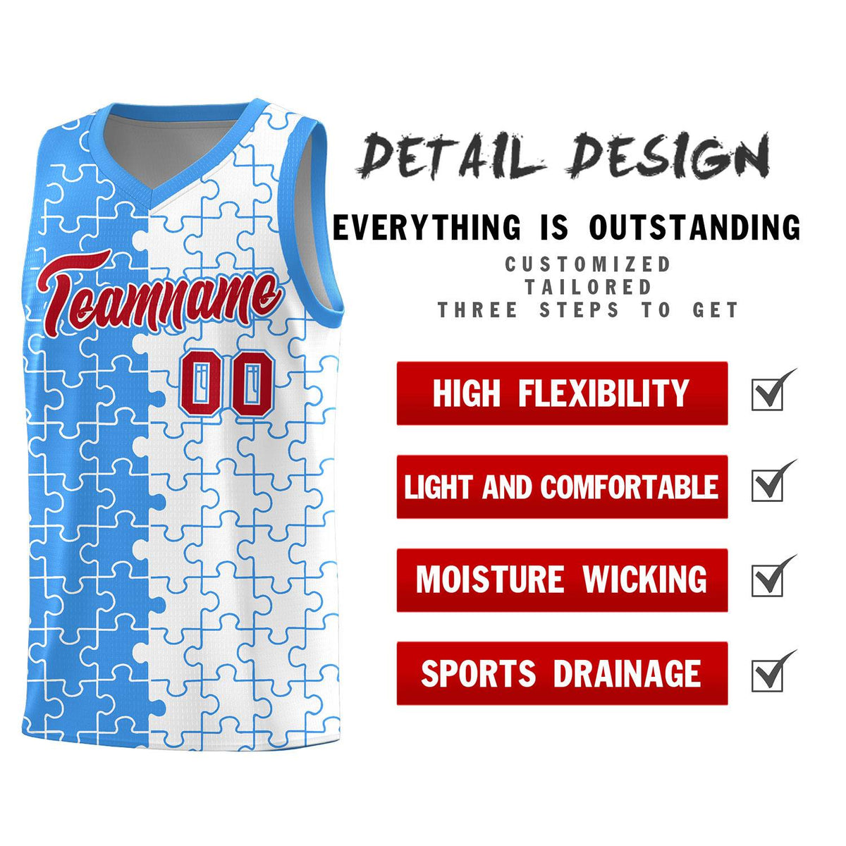 Custom Youth Basketball Jersey Light Blue White Puzzle Pattern Personalized Team Uniform