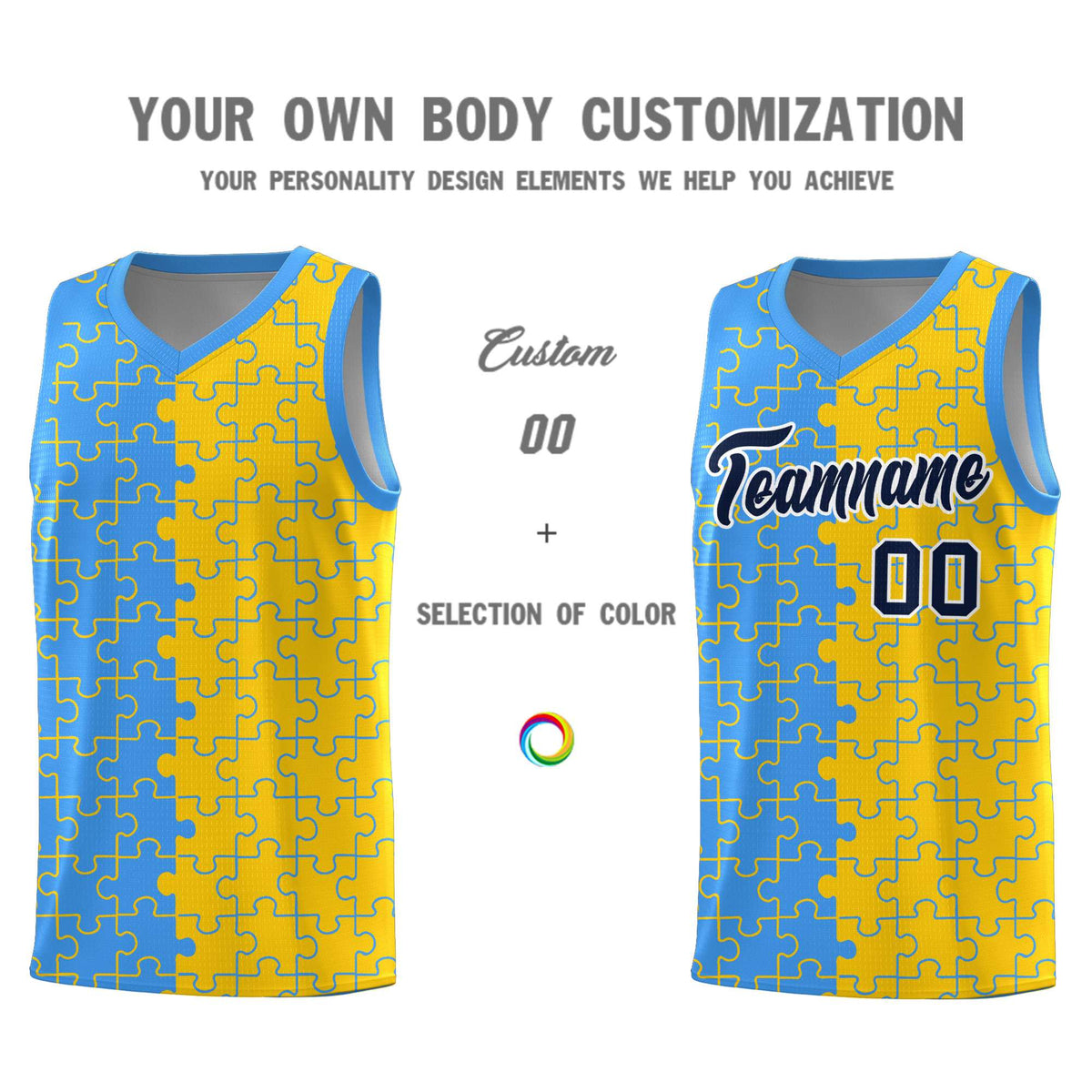 Custom Youth Basketball Jersey Light Blue Gold Puzzle Pattern Add Name, Number &amp; Team Logo