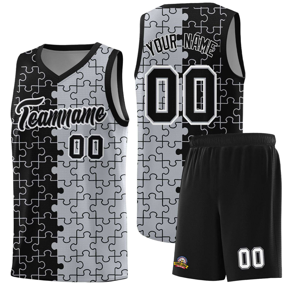 Custom Youth Basketball Jersey Black Gray Puzzle Pattern Moisture-Wicking Team Uniform