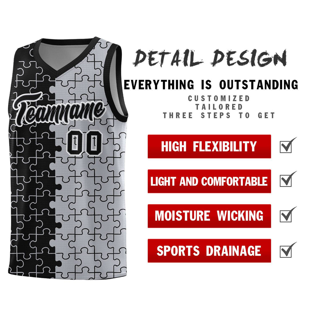 Custom Youth Basketball Jersey Black Gray Puzzle Pattern Moisture-Wicking Team Uniform