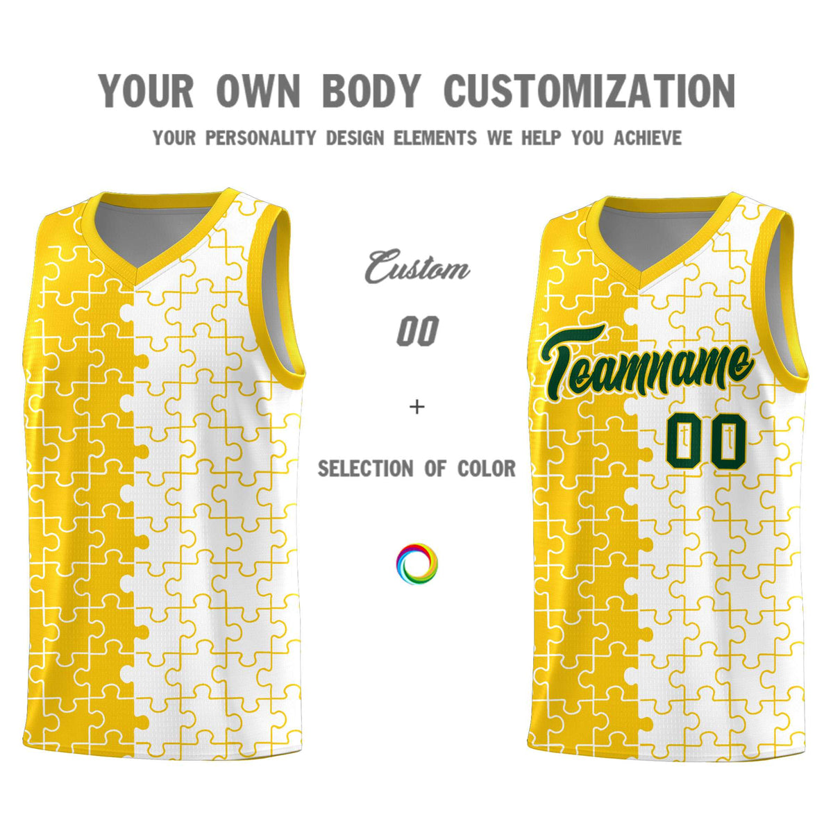 Custom Youth Basketball Jersey Gold White Puzzle Pattern Add Name, Number &amp; Team Logo