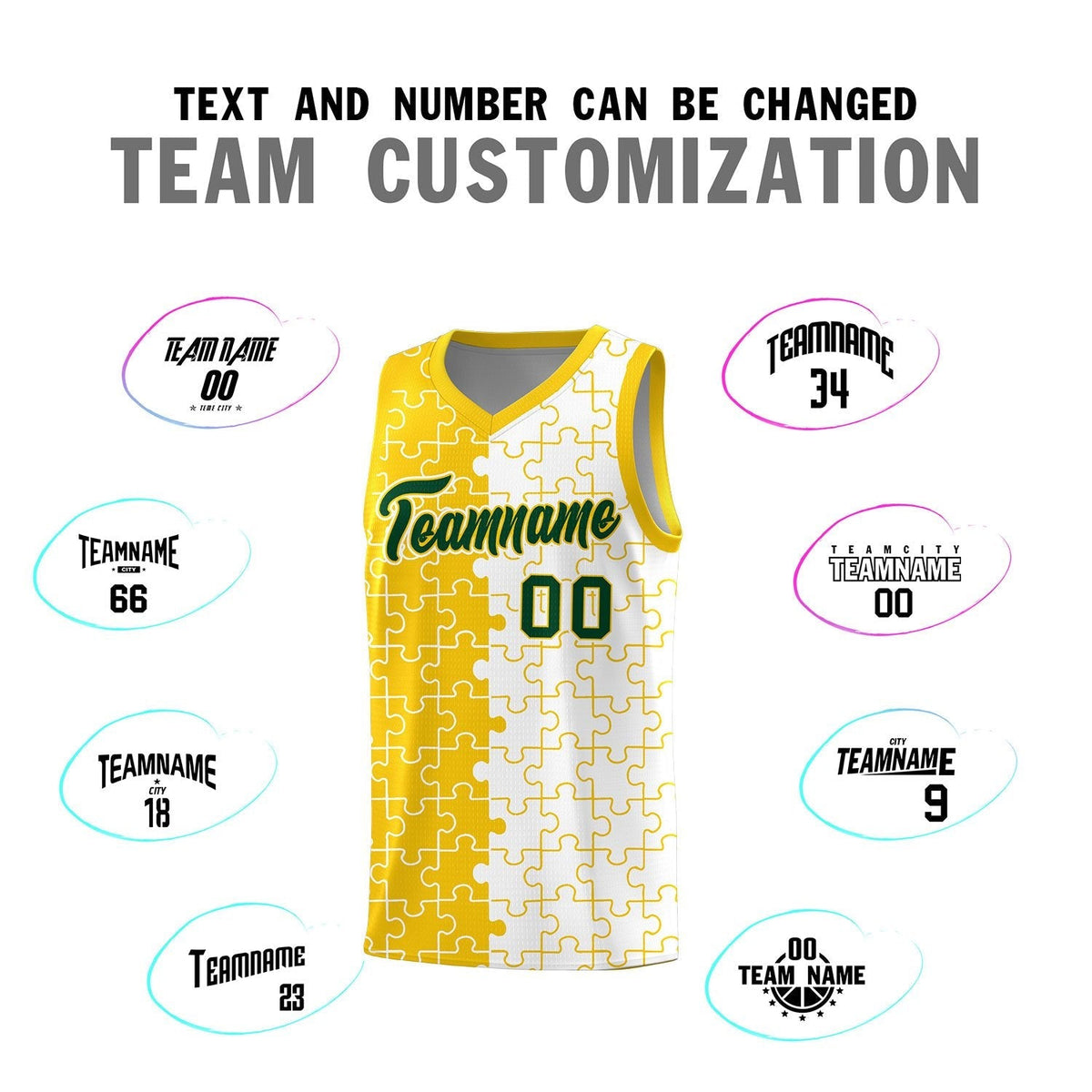 Custom Youth Basketball Jersey Gold White Puzzle Pattern Add Name, Number &amp; Team Logo