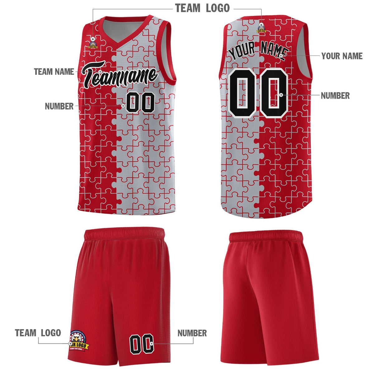 Custom Youth Basketball Jersey Red Gray Puzzle Pattern Add Name, Number &amp; Team Logo