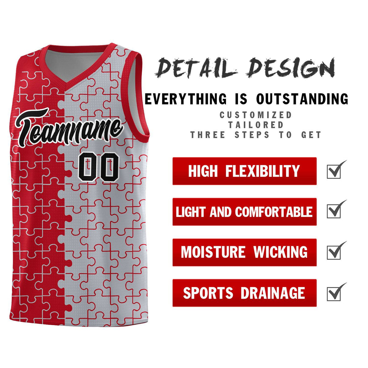 Custom Youth Basketball Jersey Red Gray Puzzle Pattern Add Name, Number &amp; Team Logo