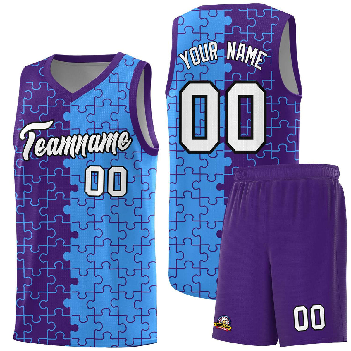 Custom Youth Basketball Jersey Purple Light Blue Puzzle Pattern Breathable Team Uniform
